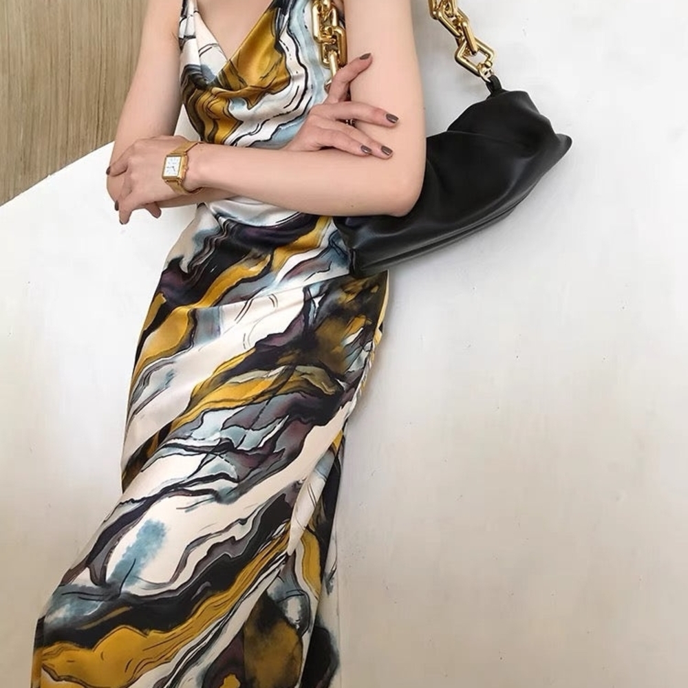 Abstract Print Dress with Gold Chain Strap